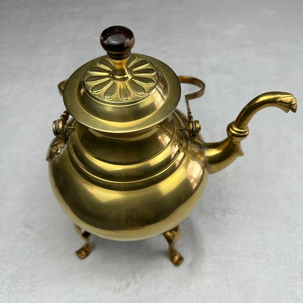 Vintage 70s Brass Teapot with Wooden Handle and‎ Stand Decorative Kettle